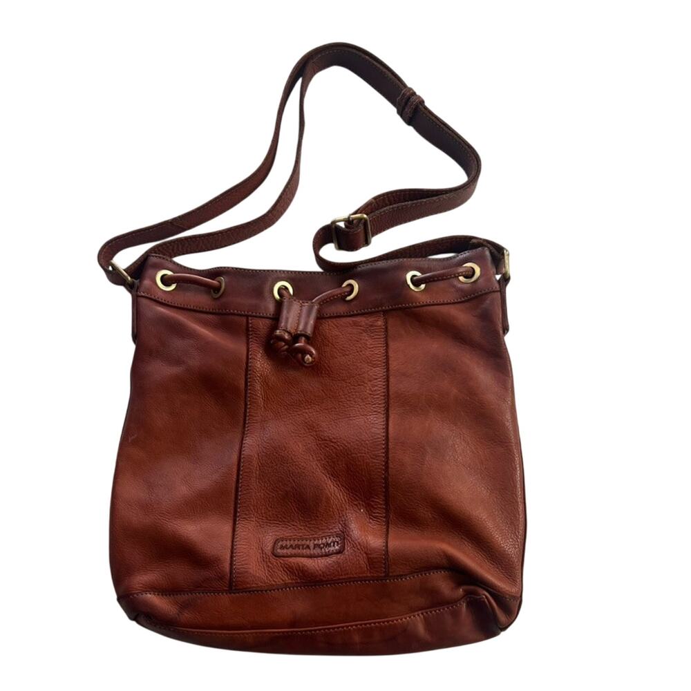 Marta Ponti Bucket Crossbody Adjustable Drawstring Leather Brown Boho Fall